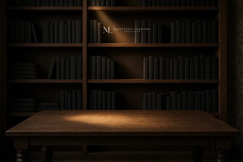 Biblioteca jurídica en madera oscura, con lomos desenfocados.